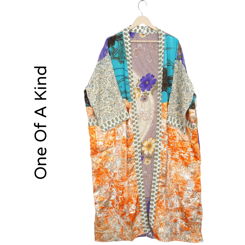 Recycled Silk Vintage Kimono - Teal Blue, Ivory, Orange and Gray
