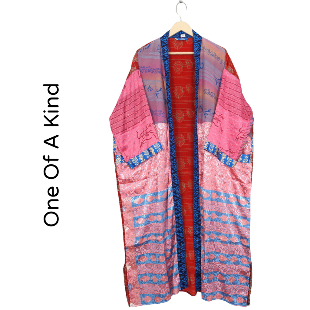 Recycled Silk Vintage Kimono - Royal Blue, Hot Pink and Red