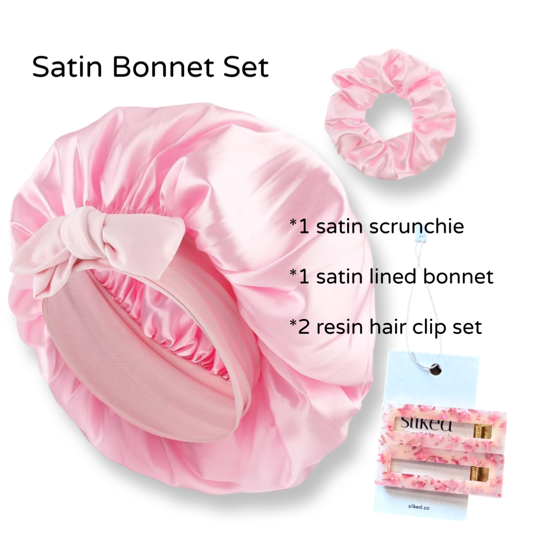 Satin Bonnet w/Scrunchie and Resin Fashion Hair Clips (clip colors vary)