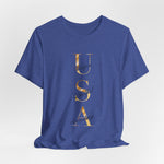 USA Vertical Script Gold Accent Tee | Unique • Soulful • Accepting | 250th Anniversary Edition