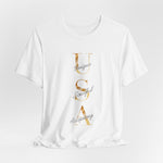 USA Vertical Script Gold Accent Tee | Unique • Soulful • Accepting | 250th Anniversary Edition