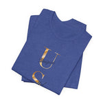 USA Vertical Script Gold Accent Tee | Unique • Soulful • Accepting | 250th Anniversary Edition