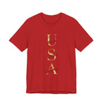 USA Vertical Script Gold Accent Tee | Unique • Soulful • Accepting | 250th Anniversary Edition