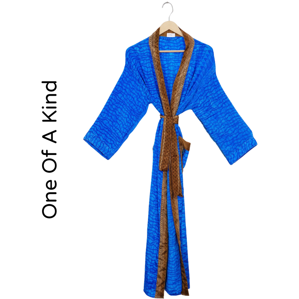 Recycled Silk Vintage Kimono - Electric Blue and Golden Taupe