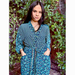 Recycled Silk Vintage Kimono - Turquoise Blue, Lapis Blue, White and Goldish Yellow