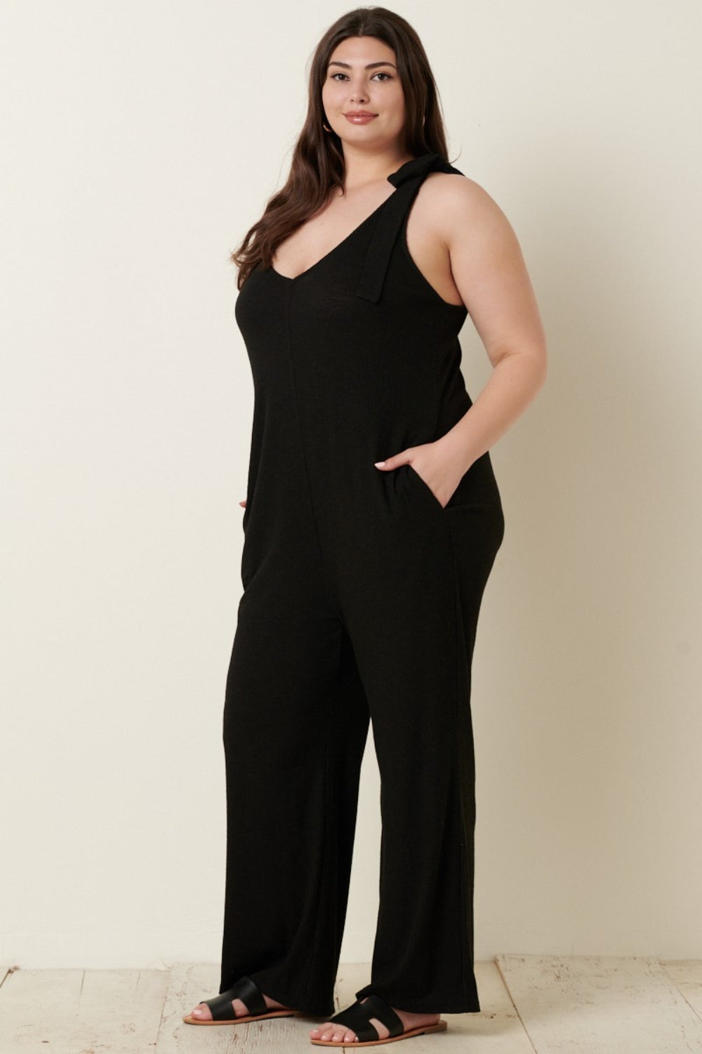 Rebbeca Rib Knit V-Neck Cross Back Jumpsuit