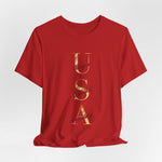USA Vertical Script Gold Accent Tee | Unique • Soulful • Accepting | 250th Anniversary Edition