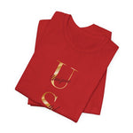 USA Vertical Script Gold Accent Tee | Unique • Soulful • Accepting | 250th Anniversary Edition