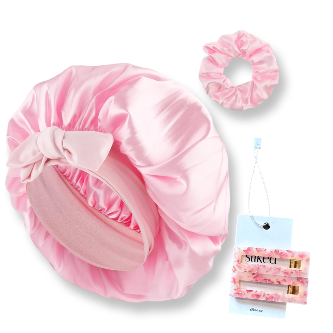 Satin Bonnet w/Scrunchie and Resin Fashion Hair Clips (clip colors vary)