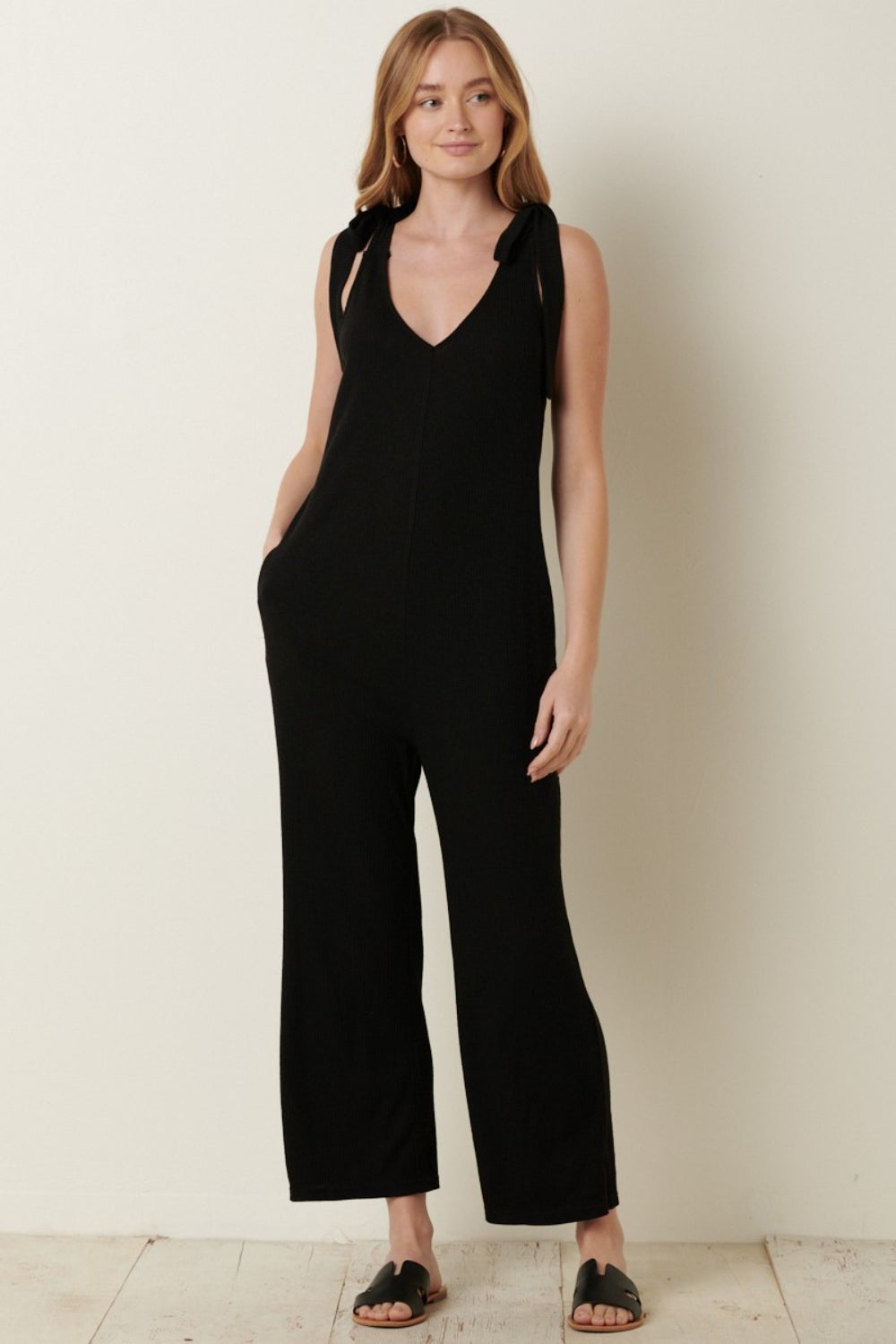 Rebbeca Rib Knit V-Neck Cross Back Jumpsuit