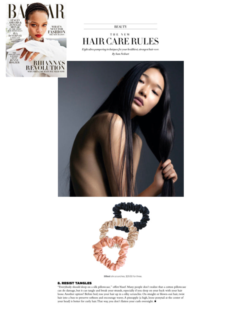 Silked 100% Luxe Silk Hair Scrunchies Voted #1 Best Hair Accessories in Harper's Bazaar with Rihanna, Holiday Gift Guide also as seen on KTLA. Silked  a USA Company founded by two Afro Caribbean Besties 