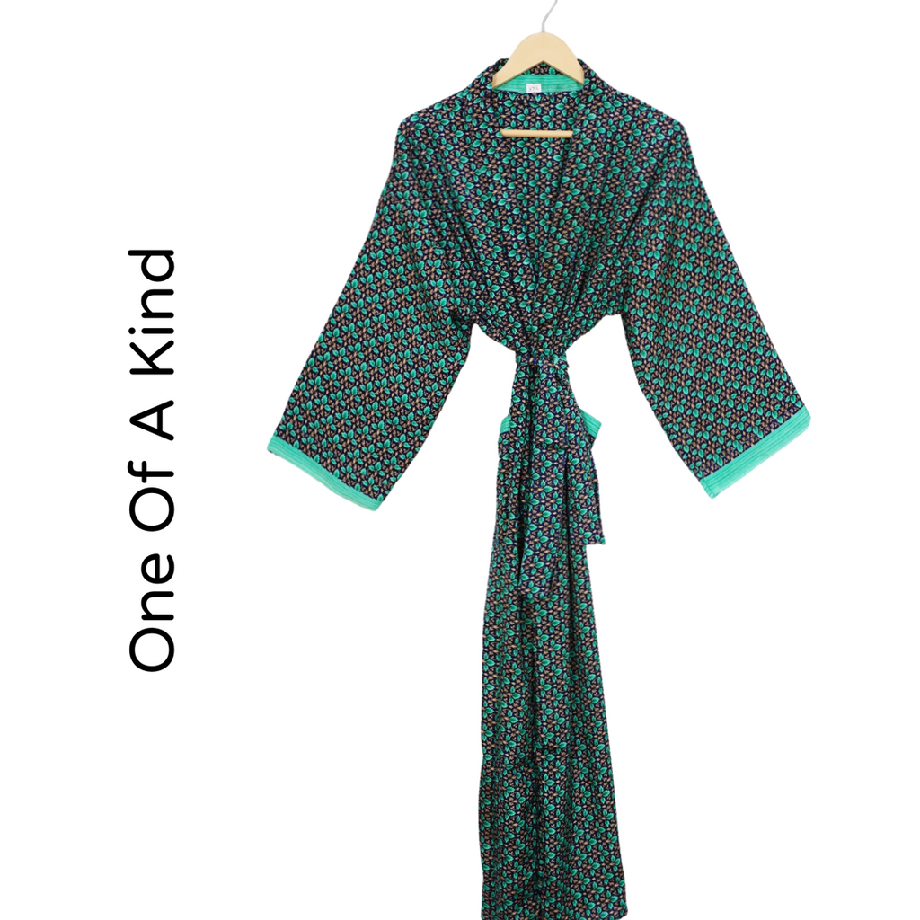 Recycled Silk Vintage Kimono - Mint Green Taupe and Black