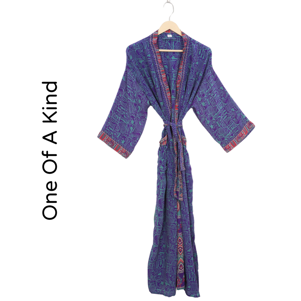 Recycled Silk Vintage Kimono - Purple, Teal Green and Hot Pink