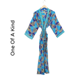 Recycled Silk Vintage Kimono - Turquoise Blue, Royal and Golden Tan