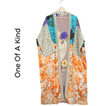 Recycled Silk Vintage Kimono - Teal Blue, Ivory, Orange and Gray