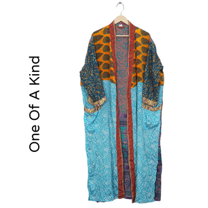 Recycled Silk Vintage Kimono - Sky Blue, Aqua Blue and Mustard Yellow