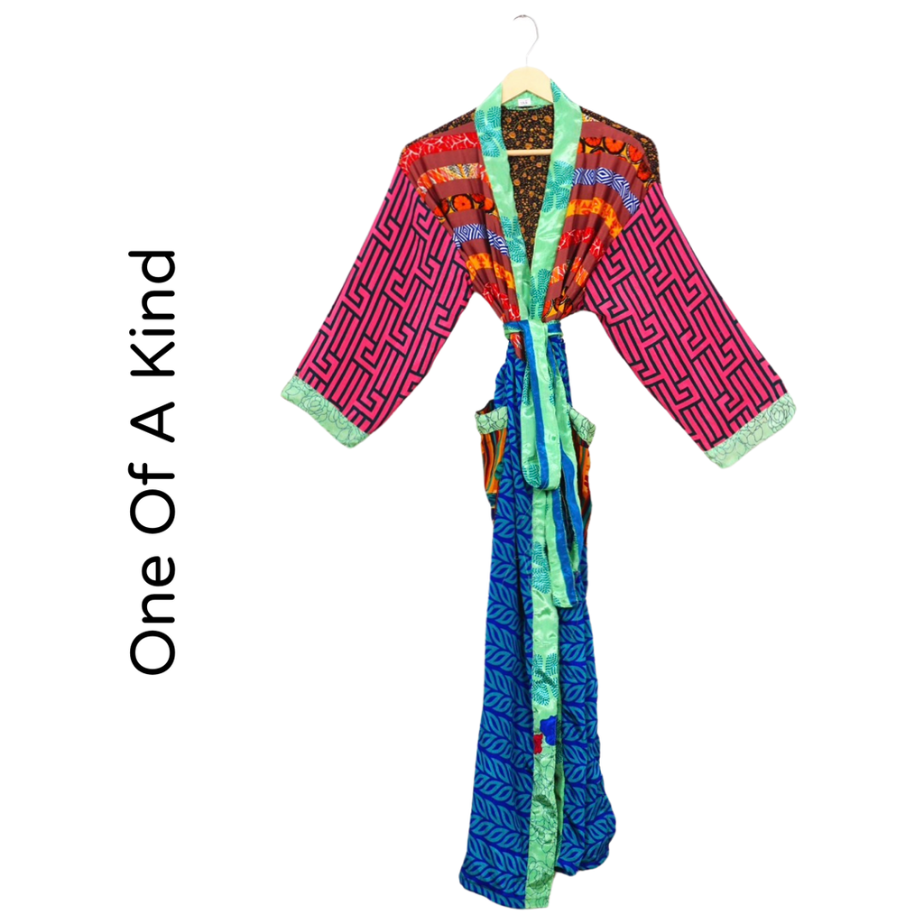 Recycled Silk Vintage Kimono - Hot Pink, Cobalt Blue and Mint Green