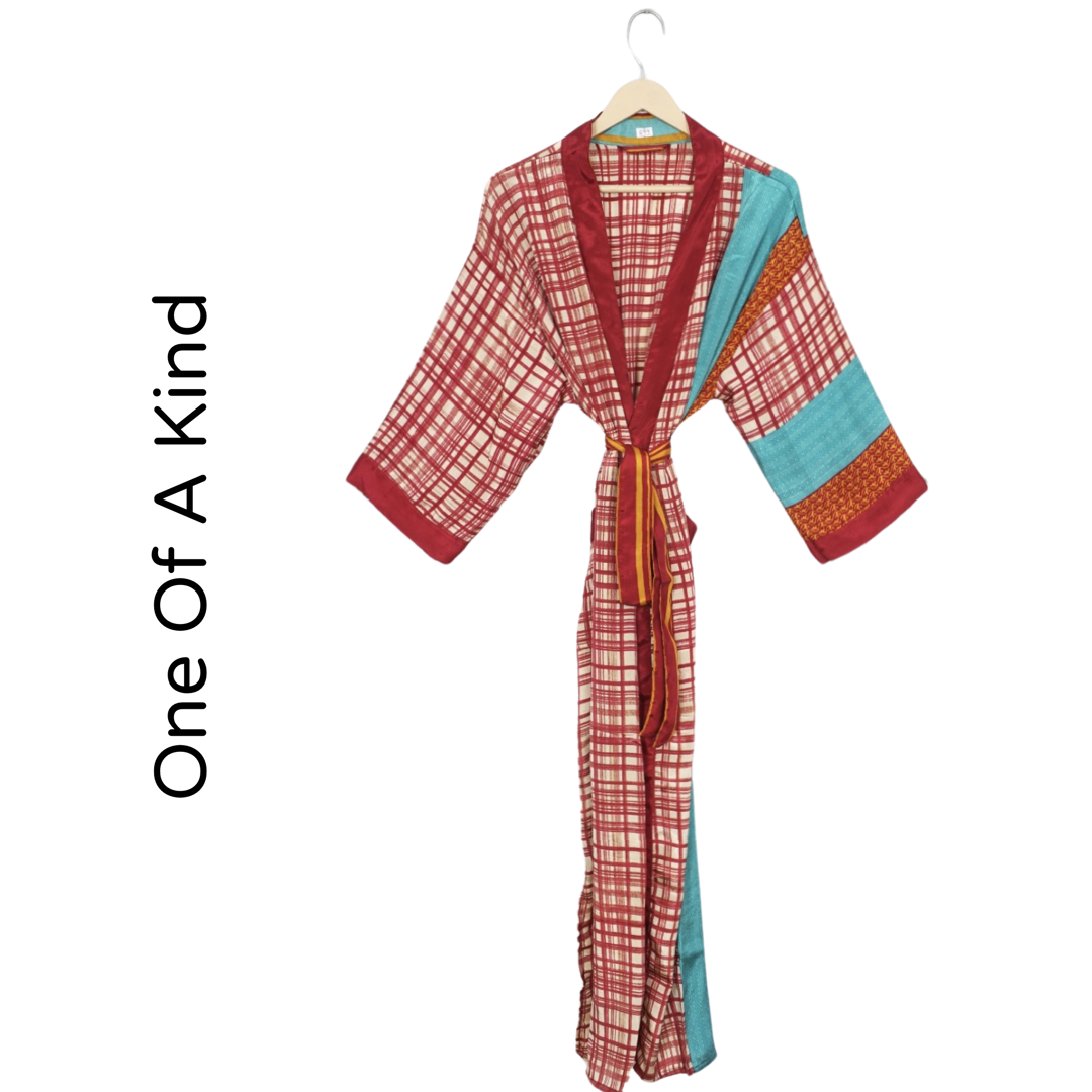 Recycled Silk Vintage Kimono - Cherry Red, Aqua Blue and Mustard Yellow