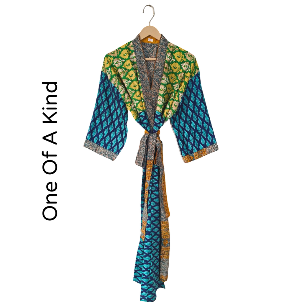 Boho Patterned Silk Pattern Blended Kimono Robe Hand Made by Females, Black Owned USA Business. 