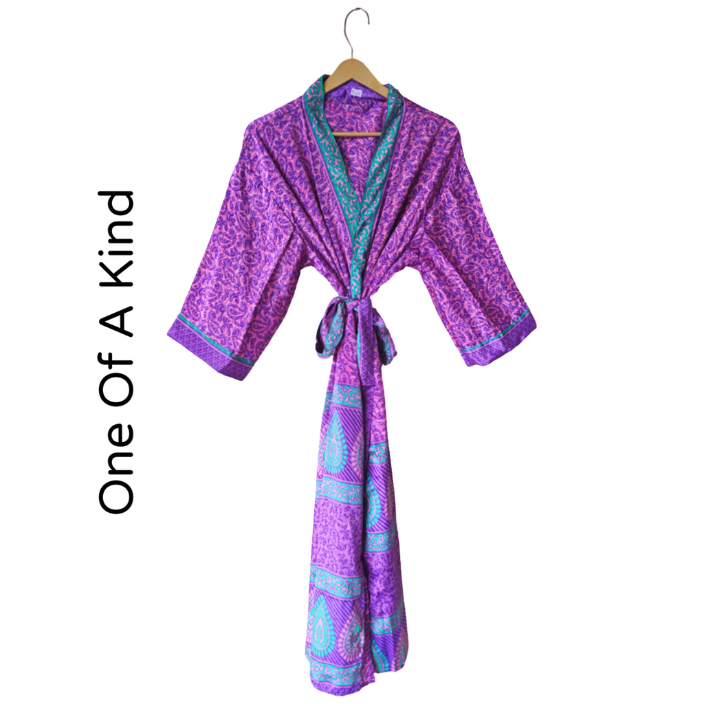 Purple and Blue Patterned Silk Pattern Blended Kimono Robe Hand Made by Females, Black Owned USA Business. 