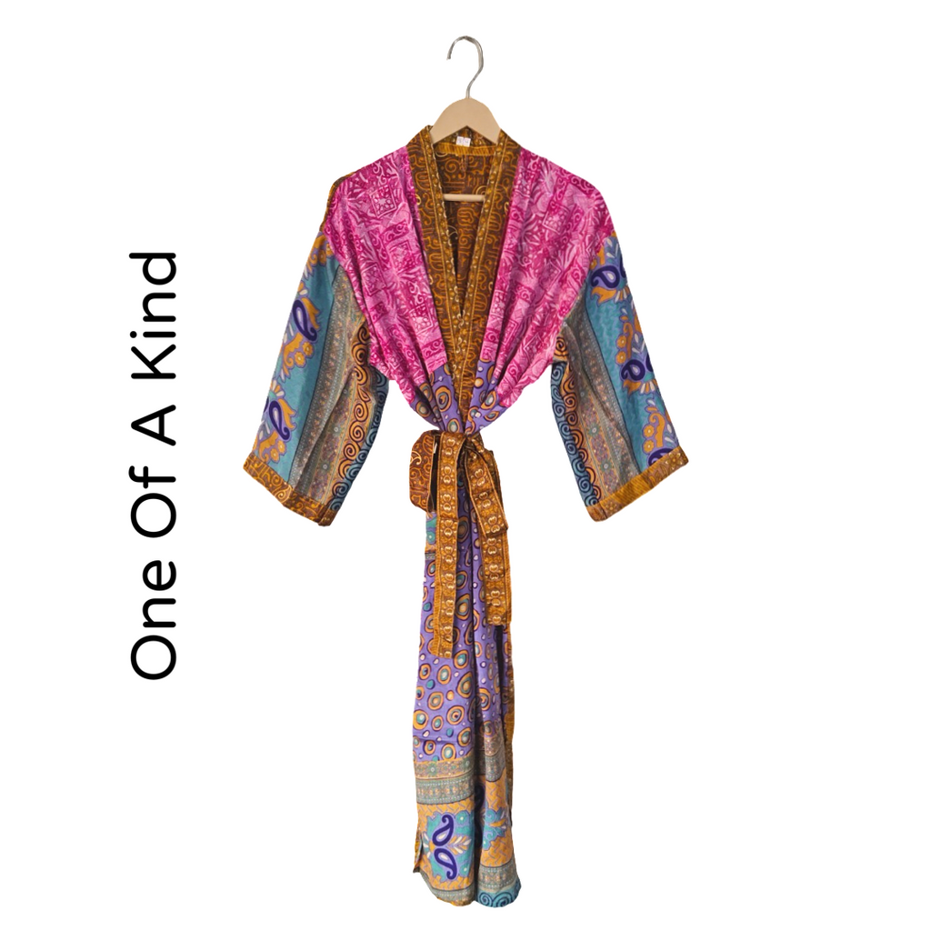Colorful Patterned Silk Pattern Blended Kimono Robe Hand Made by Females, Black Owned USA Business. 