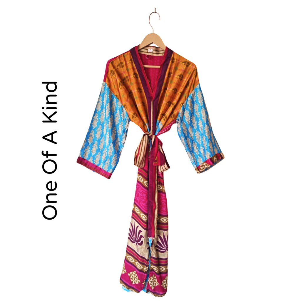 Striking Patterned Silk Pattern Blended Kimono Robe Hand Made by Females, Black Owned USA Business. 