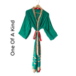 Silk Blended Kimono Robe Hand Made by Females Black Owned USA Business Green robe with a hanger on a white background, labeled 'One Of A Kind'.