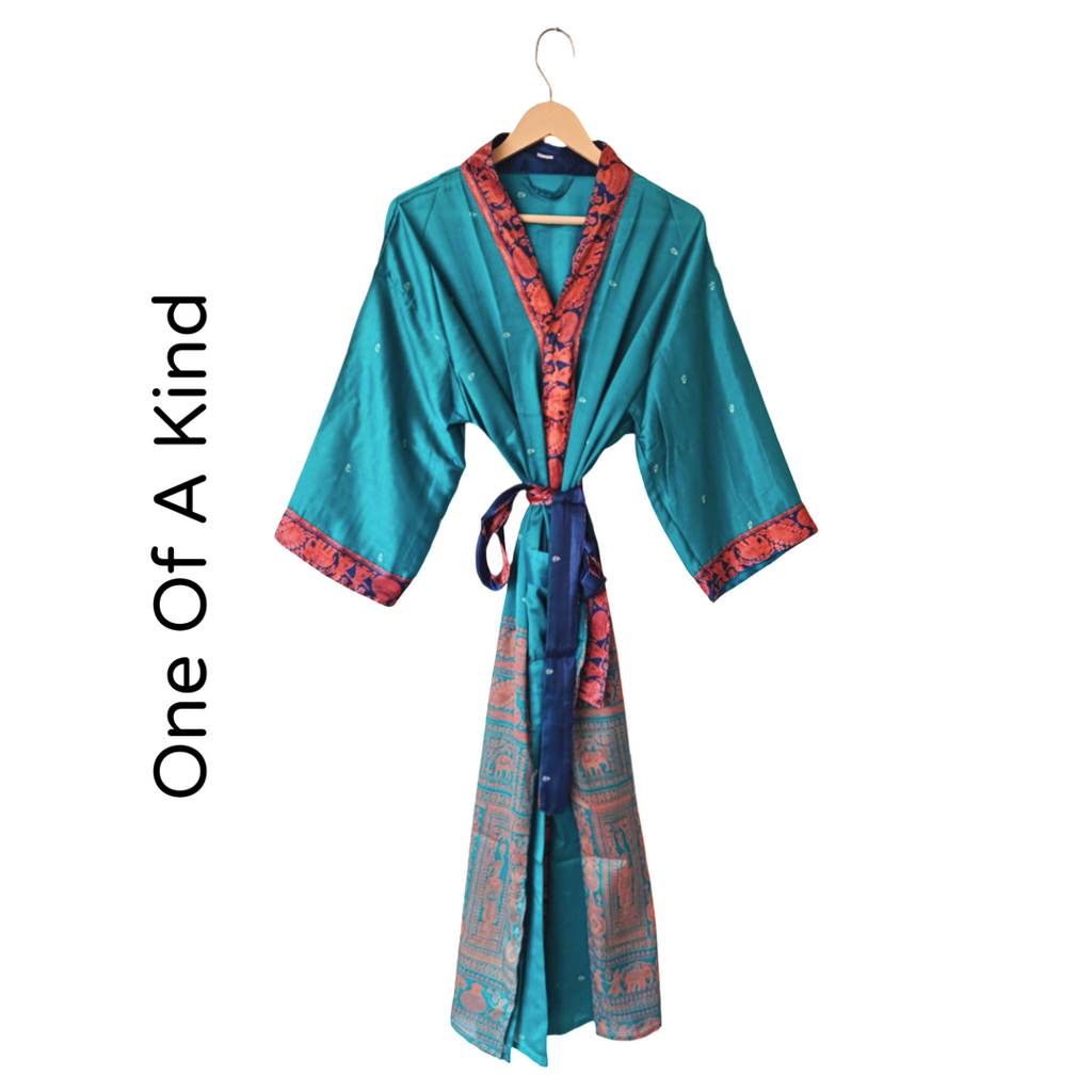 Silk Blended Kimono Robe Hand Made by Females Black Owned USA Business Teal and red patterned robe on a hanger with 'One Of A Kind' text.