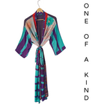 Silk Kimonos with Up cycled Silk Saree Fabrics, Vibrant Patterns/Colors Hand Made by Females, Black Owned USA Business. 