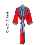 Sassy Red Patterned Silk Pattern Blended Kimono Robe Hand Made by Females, Black Owned USA Business. 