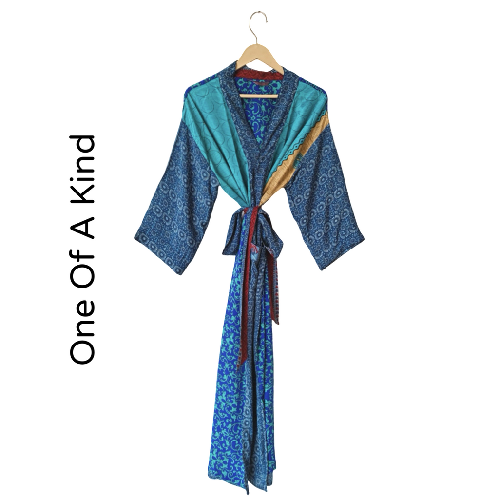 Multi-Patterned Blue Silk Pattern Blended Kimono Robe Hand Made by Females, Black Owned USA Business. 