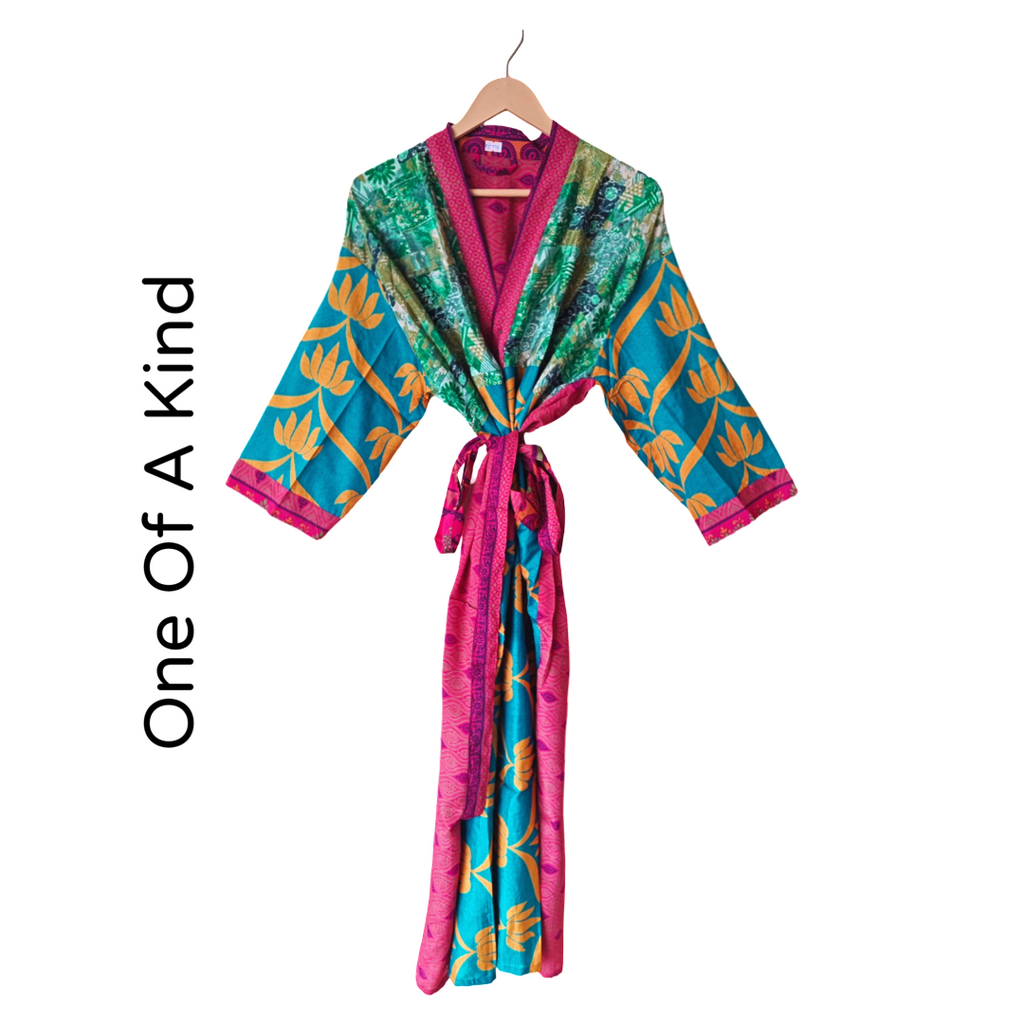 Multi-Patterned Silk Pattern Blended Kimono Robe Hand Made by Females, Black Owned USA Business. 