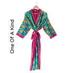 Multi-Patterned Silk Pattern Blended Kimono Robe Hand Made by Females, Black Owned USA Business. 
