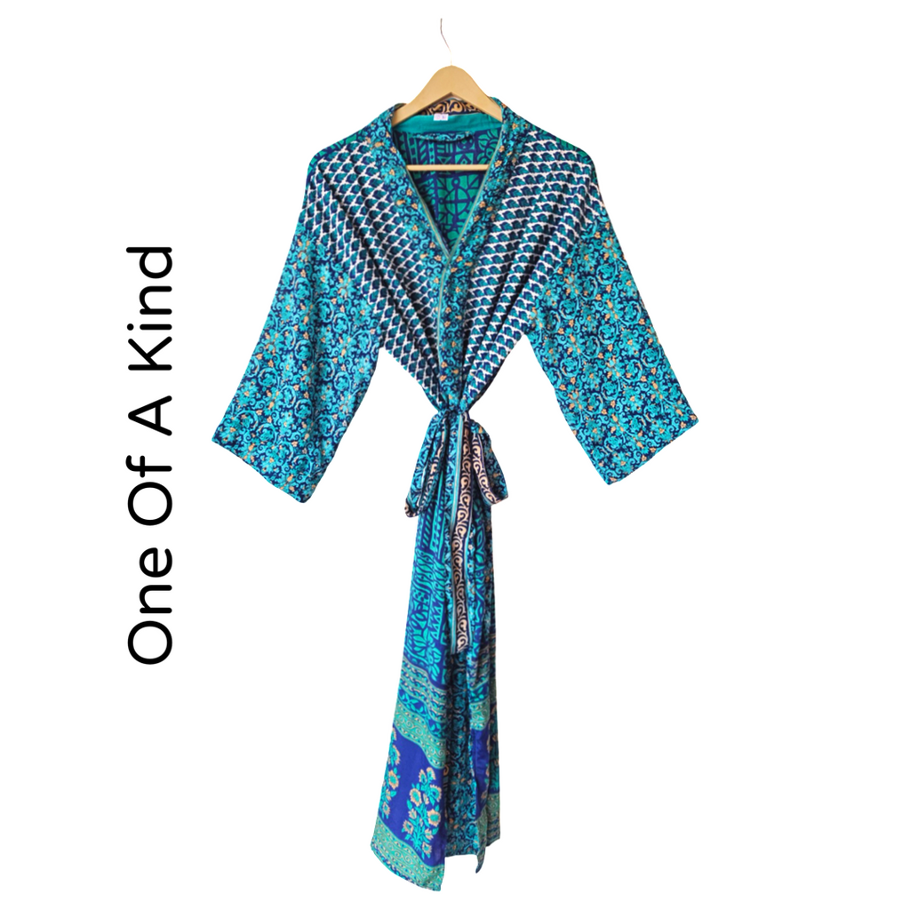 Blue Patterned Silk Pattern Blended Kimono Robe Hand Made by Females, Black Owned USA Business. 