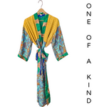 Silk Kimonos with Up cycled Silk Saree Fabrics, Vibrant Patterns/Colors Hand Made by Females, Black Owned USA Business. 