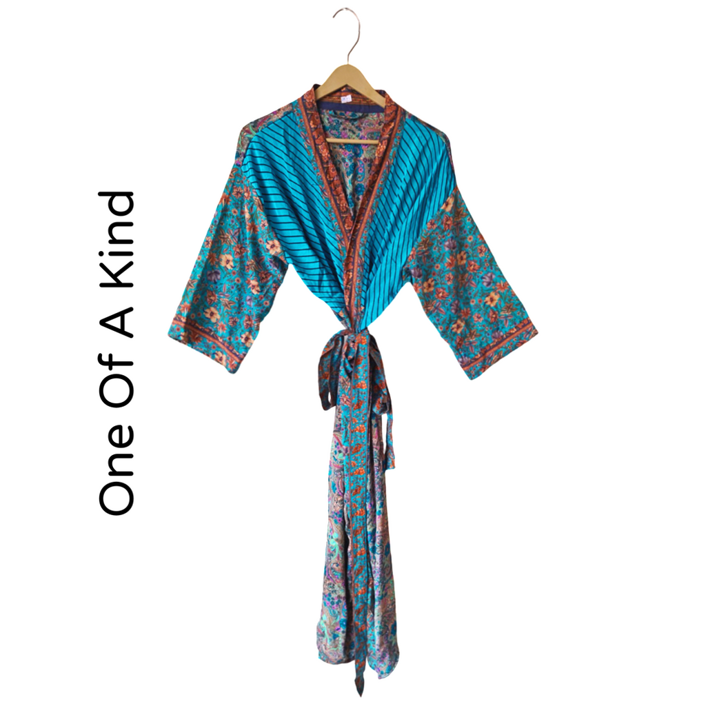 Patterned Silk Pattern Blended Kimono Robe Hand Made by Females, Black Owned USA Business. 