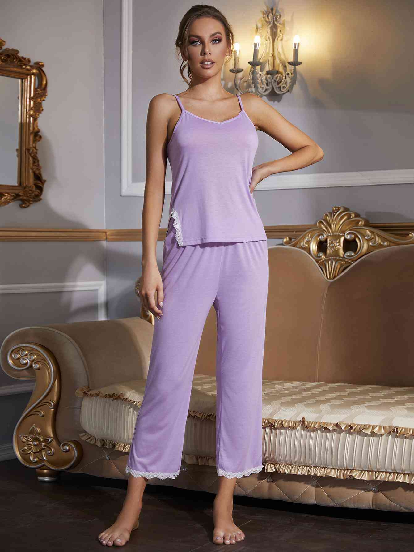 Vivian V-Neck Lace Trim Slit Cami and Pants Pajama Set