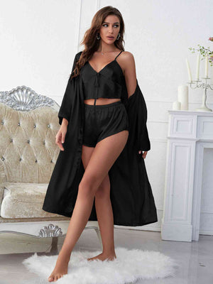 Sonya Satin V-Neck Cami, Shorts, and Belted Robe Pajama Set