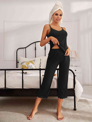 Vivian V-Neck Lace Trim Slit Cami and Pants Pajama Set