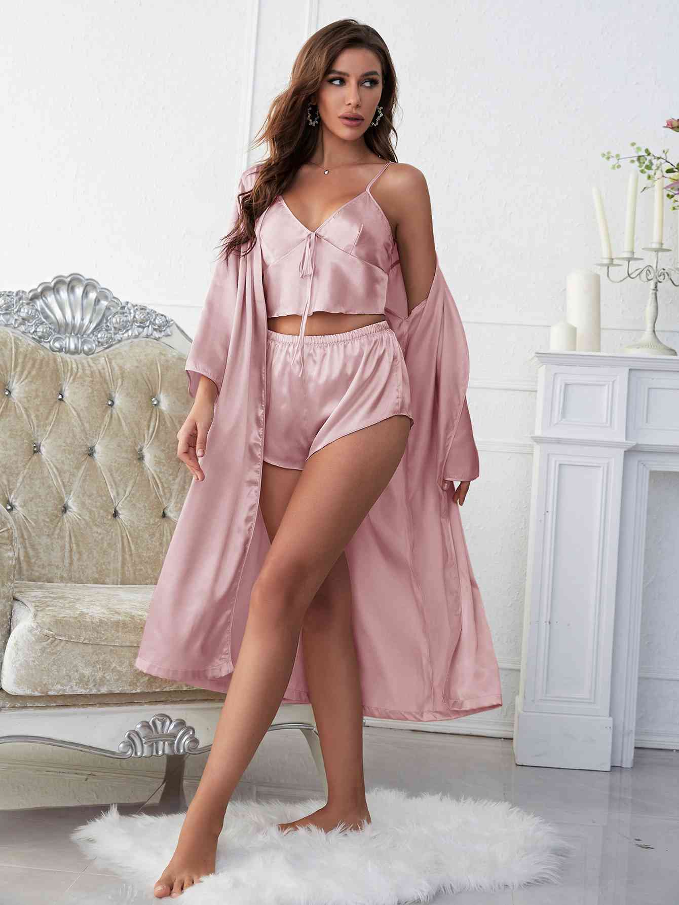 Sonya Satin V-Neck Cami, Shorts, and Belted Robe Pajama Set