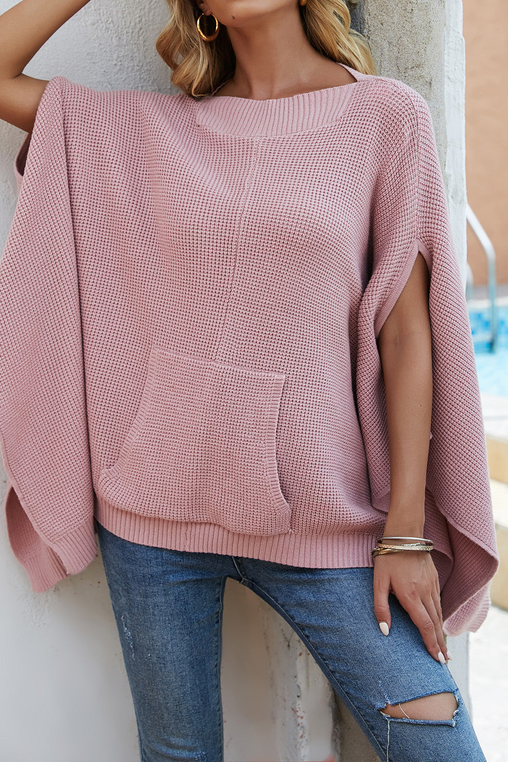 Winona Waffle-Knit Pocketed Cape Sleeve Sweater