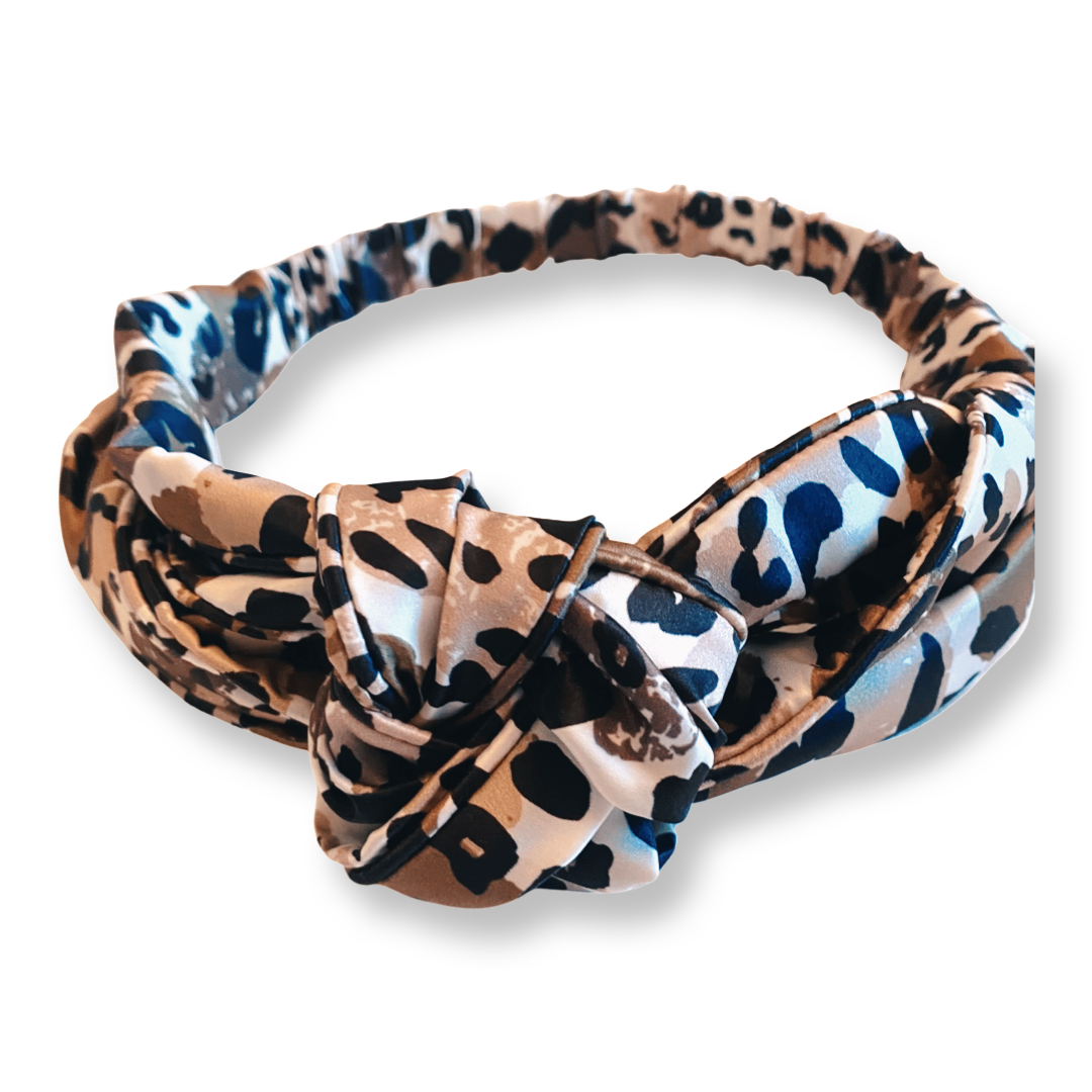 ***NEW Leopard Silk Knotted Headband, Black Eye Mask and Scrunchie (L) Set